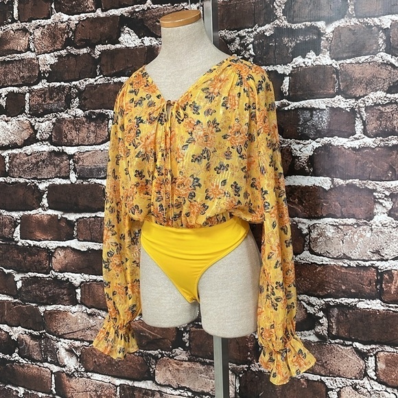 Tularosa Bodysuit Women's X Small XS Yellow Floral Long Sleeve Metallic - Picture 6 of 15